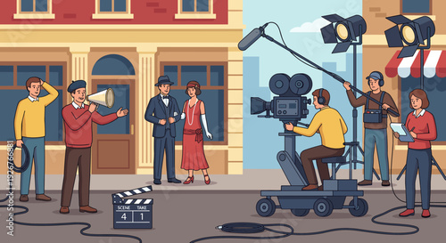 Film production crew shooting a movie on an outdoor set with actors in vintage 1920s costumes, a director with a megaphone, and a cameraman with professional equipment