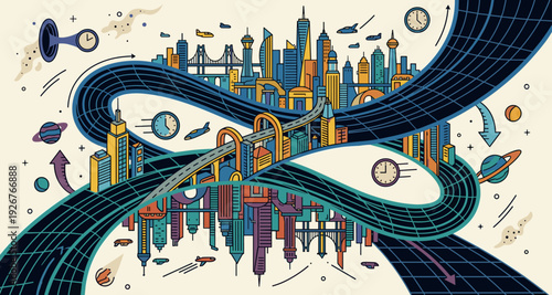 Futuristic colorful city vector illustration with skyscrapers and a warped grid road floating in a surreal space with clocks and planets, symbolizing time, progress, and connectivity