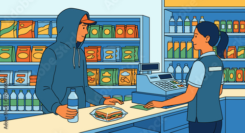 Young man in a hoodie buying a sandwich and water from a female cashier at a convenience store checkout counter, depicted in a clean, flat illustration style