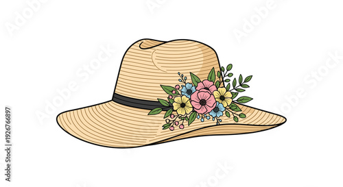 A wide-brimmed straw sun hat adorned with a colorful floral bouquet and a black ribbon sits horizontally against a white background.