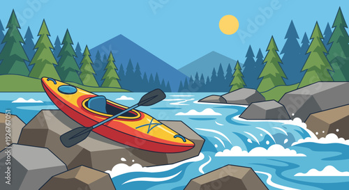 Red and yellow kayak with paddle rests on the rocky shore of a fast-flowing mountain river with a pine forest and sunny sky in the background