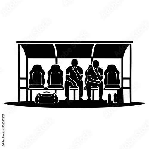 Football Players Sitting on Substitutes Bench Silhouette