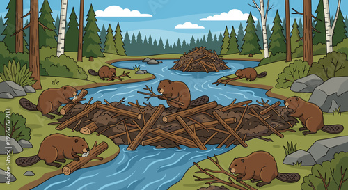 Colony of industrious cartoon beavers building a large log dam together on a flowing river in a beautiful forest landscape with pine and birch trees