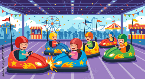 Happy cartoon children in colorful bumper cars laughing and crashing into each other at a vibrant amusement park attraction with a roller coaster in the background