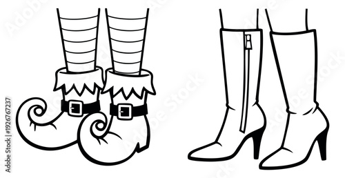 Line art legs and footwear set featuring striped elf legs with curly shoes and women's high heel boots for fantasy and fashion