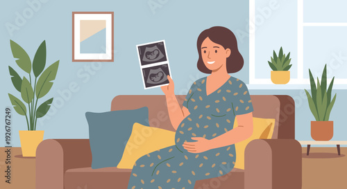 Happy pregnant woman holding an ultrasound scan smiles while sitting on a cozy sofa in her living room, gently touching her belly in anticipation of her baby