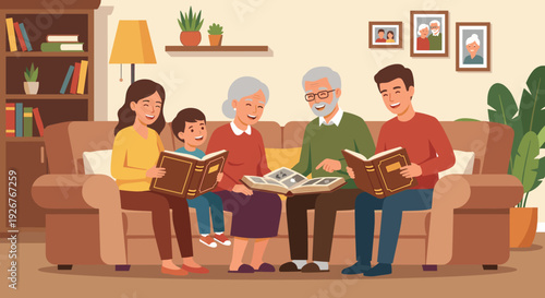 Large smiling family with three generations sitting on a brown sofa, looking at old photographs in an album and sharing happy memories together in a warm, cozy home