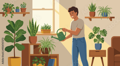 Happy young man taking care of his many green houseplants with a watering can in a bright, cozy living room with sunlight streaming from the window