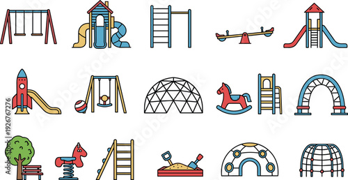 Children Playground Equipment Vector Set Featuring Swings, Slides, Ladders, Seesaw, Climbing Frames, and Outdoor Play Structures for Park and School Designs