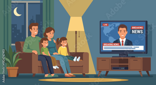Cartoon family with two children sitting on a couch together in their living room at night, watching a serious breaking news report on television