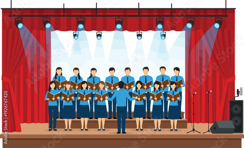 Choir Concert Performance on Theater Stage Vector Illustration Showing Group Singing with Conductor, Spotlights, Curtains, and Live Music Event Atmosphere