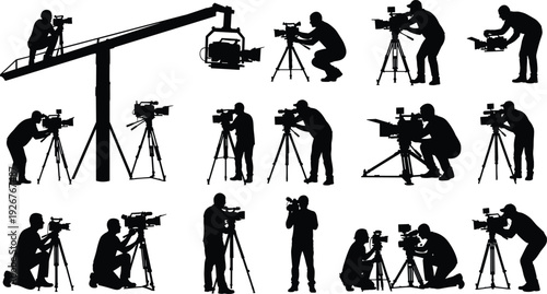 Cameraman and video production crew silhouettes with professional cameras tripod and crane filming media content isolated on white background broadcasting industry concept