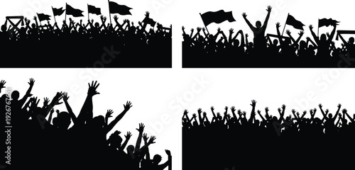 Cheering crowd silhouettes with raised hands and waving flags at concert festival or protest rally isolated on white background celebration concept