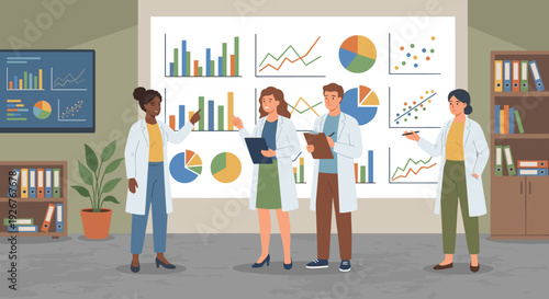 Diverse team of four scientists in lab coats analyzing data charts and graphs during a collaborative meeting in a modern research laboratory or office environment