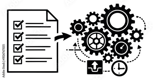 Graphic illustration of a checklist transforming into gears depicting process automation for business workflow