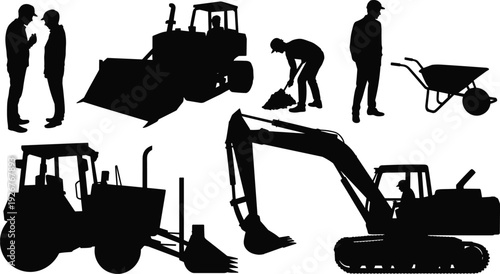 Construction workers and machinery silhouettes, building site artwork design