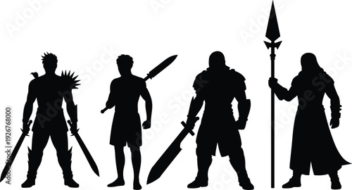 Fantasy warrior and mage silhouettes, role‑playing character artwork, medieval fighter illustration design, combat motif element, armored hero decorative artwork