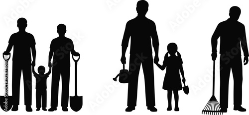 Family gardening silhouettes with parents and children holding shovel rake and watering can outdoor yard work isolated on white background