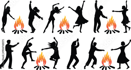 Festival dance silhouettes around campfire flames, cultural celebration figures, joyful ritual gathering, traditional fire dance community event illustration vector