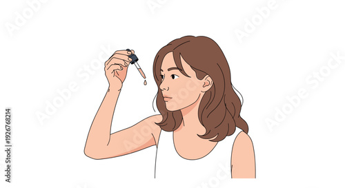 A woman with brown hair in a white tank top holds a glass dropper with a liquid droplet near her face for a skincare routine illustration.