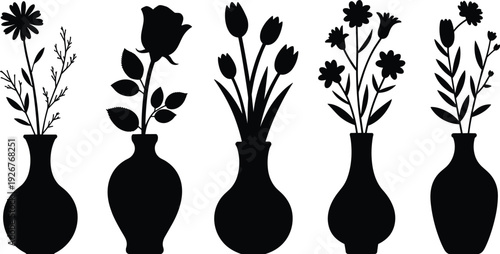 Flower vase silhouettes with roses, tulips, daisies artwork, decorative floral illustration design, botanical motif element, elegant vase arrangement artwork