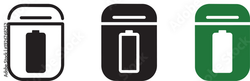 Icon of charging case for wireless earbuds, battery symbol inside, outline, solid, green