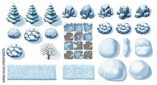 Winter landscape isometric vector elements collection. Includes snow-covered fir trees, bushes, rocks, bare tree, snow piles, and snowy ground tiles. Created in detailed isometric style with a