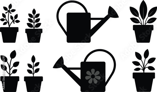 Gardening plants and watering cans silhouettes set, botanical care vector artwork, decorative foliage design graphics, nature icons collection, garden symbol
