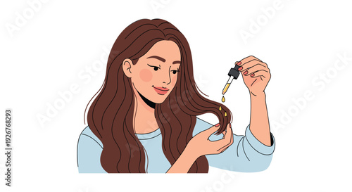 A smiling woman with long wavy brown hair applies liquid serum from a glass dropper onto the ends of her hair for a hair care treatment.