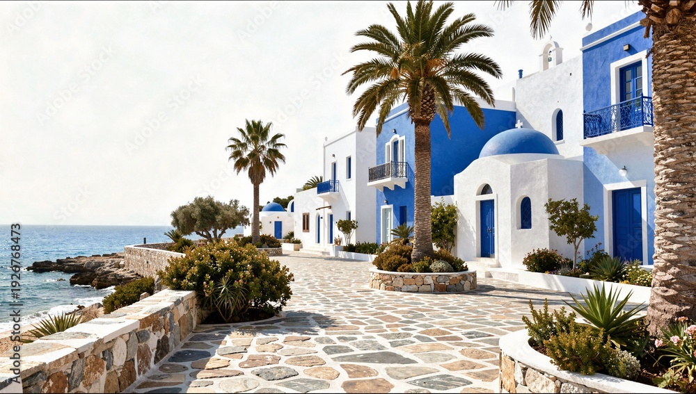 Fototapeta premium Traditional white and blue Mediterranean buildings line a beautiful stone paved coastal walkway under palm trees with a clear view of the turquoise sea.
