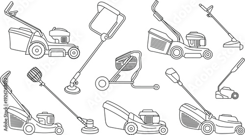 Lawn care equipment silhouettes illustration set, gardening tools vector artwork, mower and trimmer design graphics, outdoor icons collection, yard work symbol