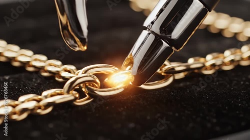 Close-up of gold chain intersecting with metallic black and gold objects. Black velvety backdrop