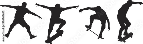 Black silhouettes featuring male skateboarders performing tricks jumping and riding on skateboards isolated on white background for extreme sports and urban street culture youth