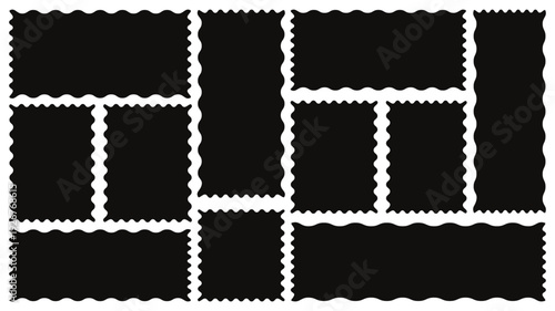Set of with zigzag frames edge black color. Zigzag edge frame. Different size frames. scallop edge shape. Vector zigzag objects for badge, sticker, photo, frame. Vector illustration set.