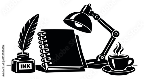 Line art writer's desk set featuring a feather pen, inkwell, notebook, desk lamp, and coffee for creativity