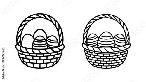 Two outline easter egg baskets filled with decorated eggs, black and white