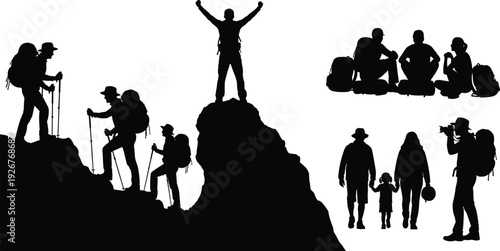 Hiking and camping silhouettes set with backpackers climbing mountain peak family trekking and outdoor adventure activities isolated on white background travel concept