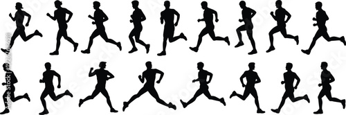 Large collection of black silhouettes featuring male and female athletes running and jogging in various active poses isolated on white background for sports and fitness
