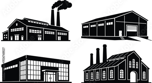 Industrial factory and warehouse buildings silhouette set with chimneys smoke and modern production facilities isolated on white background manufacturing industry concept
