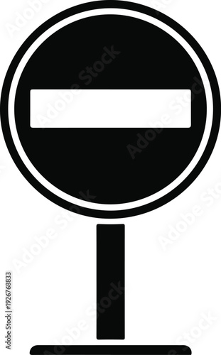 A black and white circular traffic sign with a white horizontal bar indicates no entry or stop