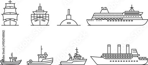 Ships and boats silhouettes illustration set, maritime vessel vector artwork, nautical transport design graphics, ocean icons collection, sea travel symbol