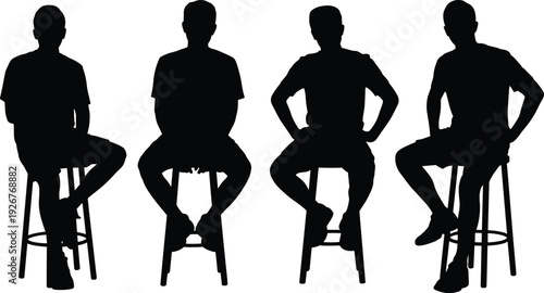 Silhouettes of people sitting on stools, human posture artwork, body language illustration, design element, decorative motif, seated figure artwork