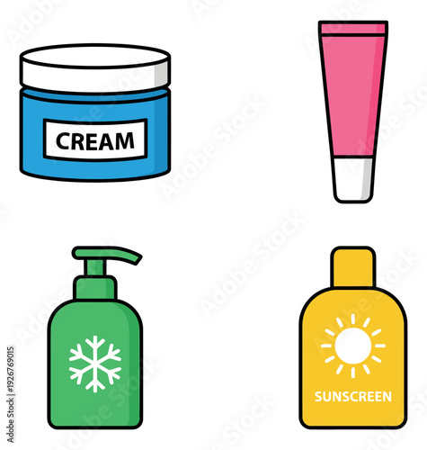 Line art skincare products set featuring a cream jar, lotion pump, sunscreen bottle, and cosmetic tube for personal care