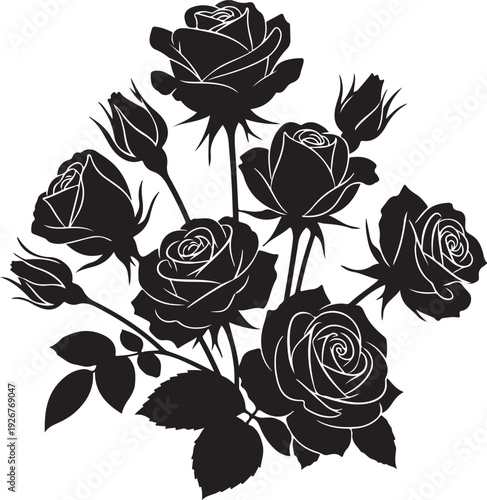 Black rose silhouette with thorny stem on white background
