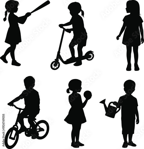 Large collection of black silhouettes featuring young children riding a bicycle and scooter playing baseball and watering plants isolated on white background for childhood activities