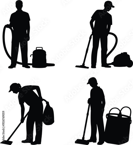 Vacuuming silhouettes with cleaning equipment, household chore artwork, professional cleaning illustration, domestic task motif, sanitation decorative design element