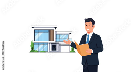 A male real estate agent in a dark suit gestures toward a modern two-story luxury house while holding a folder on a plain white background.