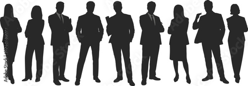 Large collection of black silhouettes featuring professional business men and women standing in formal attire isolated on white background for corporate and office use