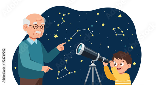 An elderly man with glasses points toward constellations in a dark night sky while a young boy looks through a black telescope on a tripod.