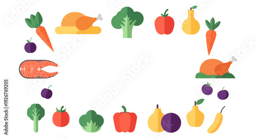 Healthy Food Frame Border with Organic Vegetables, Fruits, Chicken and Salmon for Diet and Nutrition Background